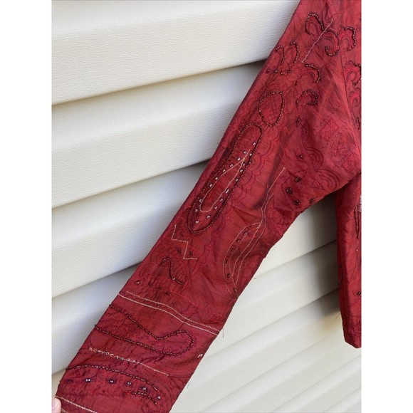 VNTG Chico's Design Medium/1 Red Pure Silk Jacket Abstract Beaded Embroidery NWT - Picture 5 of 11